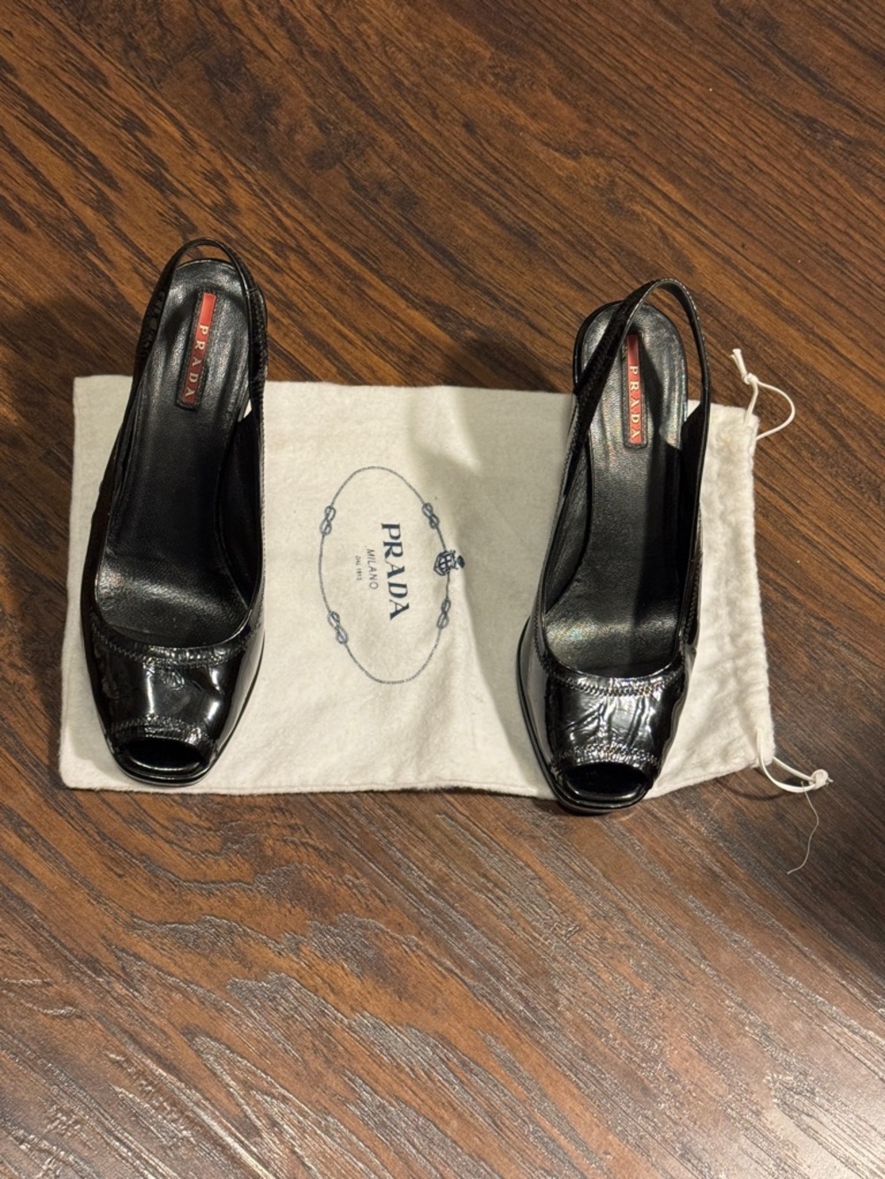 Prada Black Patent Slingback Peep-Toe Wedge Pumps - Picture 3 of 15